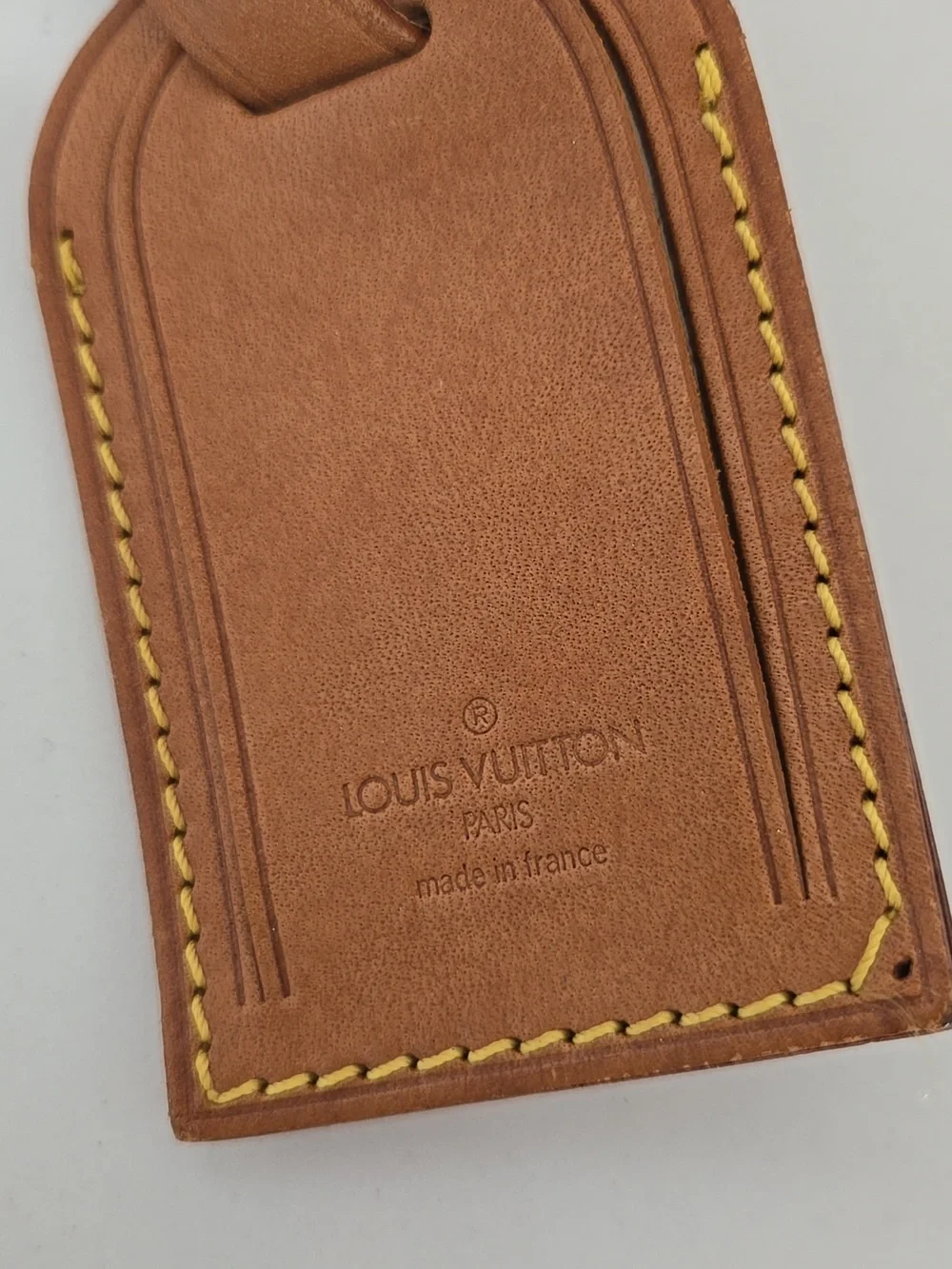 Louis Vuitton Brown Leather Luggage Tag with Yellow Stitching, GUC